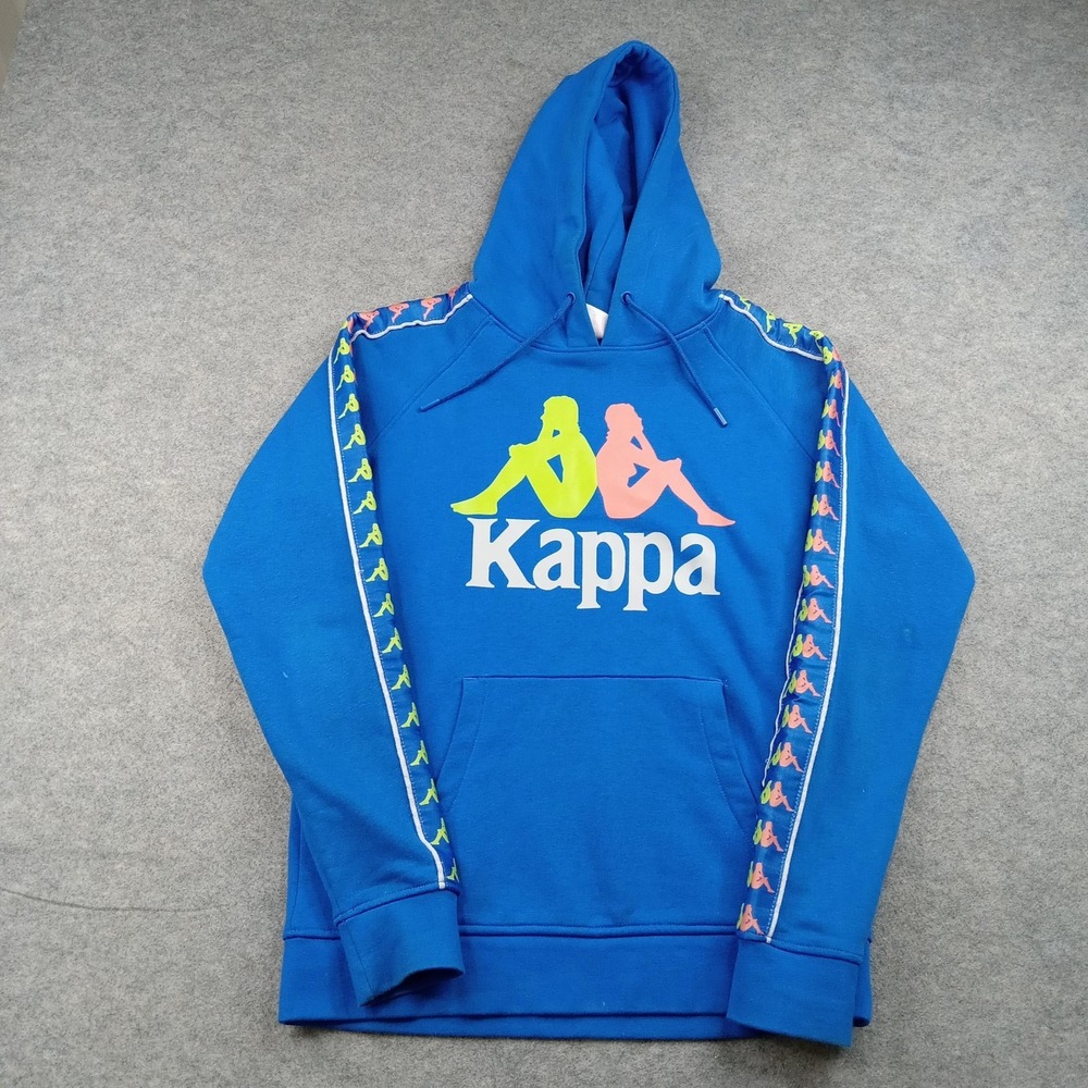 Kappa Hoodie Mens Small Blue Fleece‎ Pullover Sweatshirt Omini Logo Tape Graphic
